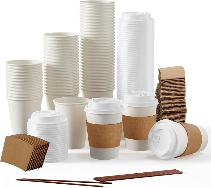 [100 Pack] 12 oz Paper Coffee Cups, Disposable Paper Coffee Cup with Lids, Sleeves, and Stirrers, Hot/Cold Beverage Drinking Cup for Water, Juice or Tea, Suitable for Home, Shops and Cafes