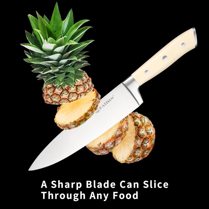 16-Piece Extra-Long Handle German Steel Knife Set with Block | Creamy White Cutlery For Large Hands & Better Leverage. Features Built-In Sharpener, Shears & Modern Base