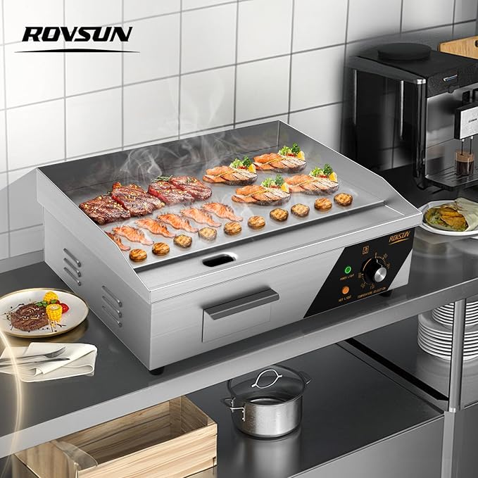 ROVSUN 22" Electric Countertop Flat Top Griddle, 1600W Electric Griddle, Teppanyaki Grill Stainless Steel with Adjustable Temperature Control 122°F-572°F for Home Restaurant Commercial