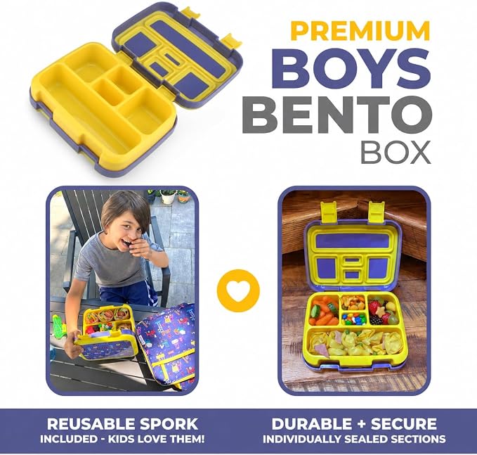 kinsho Bento Lunch Box Container for Small Kids Boys, Blue Yellow Trucks | 5 Portion Sections, BPA-Free Spill-Proof Leakproof Removable Plastic Tray, Snacks and Lunches for Toddlers Pre-School Daycare