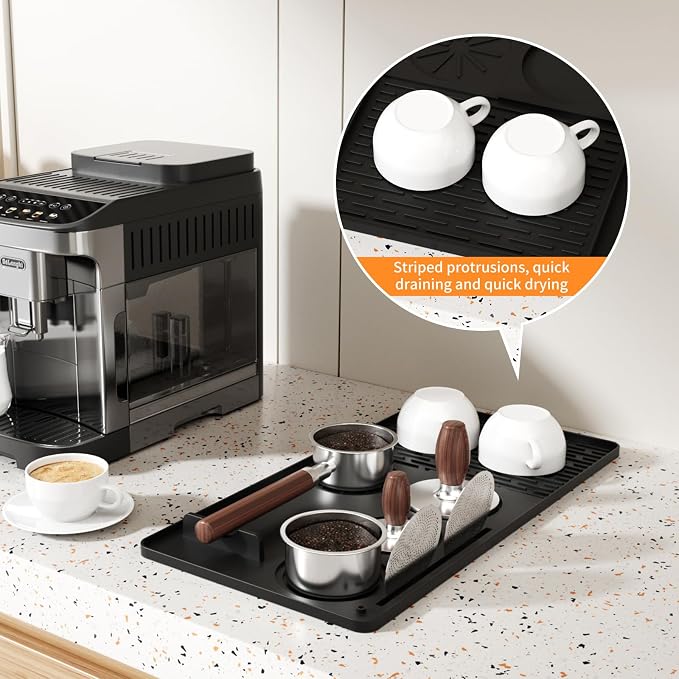 Silicone Coffee Mat 24''x16'',Fits Under Coffee Maker | Detachable Dish Drying Mat& Built-in Tamper Storage – Fits Espresso Machine, Dish Rack