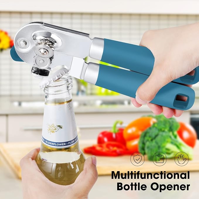 Beneno Heavy Duty Hand Can Opener Manual with Magnet Lid Remover, Aqua | Razor-Sharp Carbon Steel Blade, Precise Smooth Cutting Gear, Big Effort-Saving Knob, Soft Grip Handle, Built-in Bottle Opener