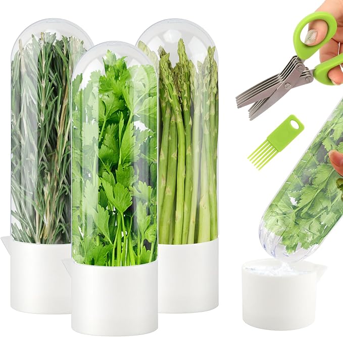 3 Pack Herb Keeper for Refrigerator, Vertical Herb Keeper for Fridge with Scissors, Vegetable Preservation Container for Cilantro, Parsley, Mint&Asparagus, Extends Freshness for 2-3 Weeks