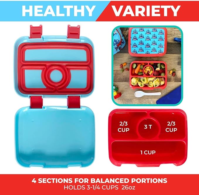 kinsho Bento Lunch Box Insulated Bag, Water Bottle & Ice Pack Set for Kids Toddlers, 4 Portion Sections, Removable Tray, Pre School Kid Toddler Daycare Lunches, Snack Container, Cute Blue Shark