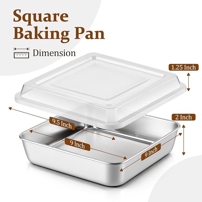 LIANYU 9 Inch Baking Pan Set with Lid, Square Cake Pan for Lasagna Brownie | Stainless Steel Commercial Deep Baking Dish Set, Oven & Dishwasher Safe Sheet Bakeware (1 Pan +1 Lid )