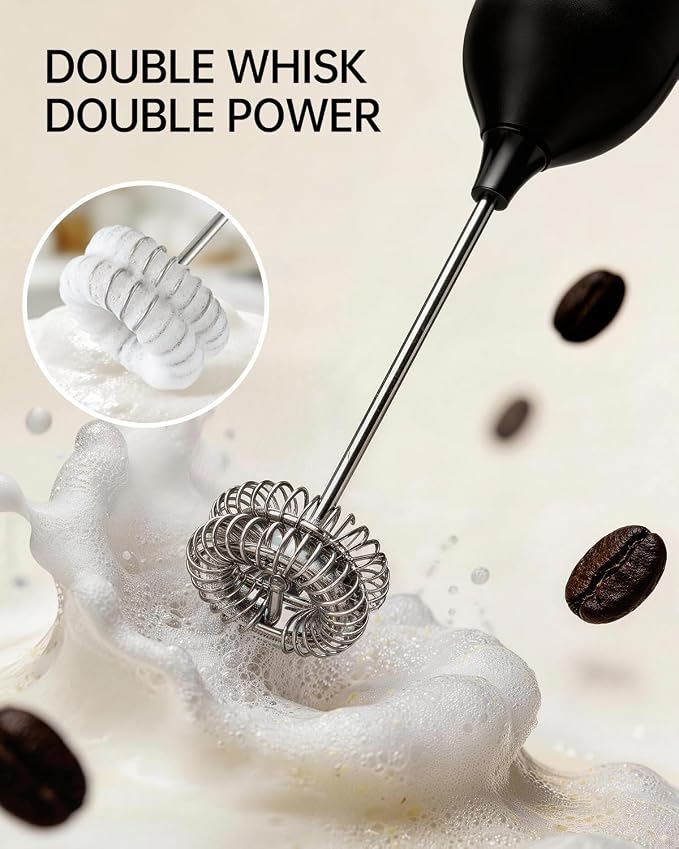 CIRCLE JOY Rechargeable Milk Frother Handheld with Stand, Dual Spring Whisk Head Electric Coffee Frother Foam Maker, Portable Drink Mixer for Cappuccino, Latte, Matcha, Black