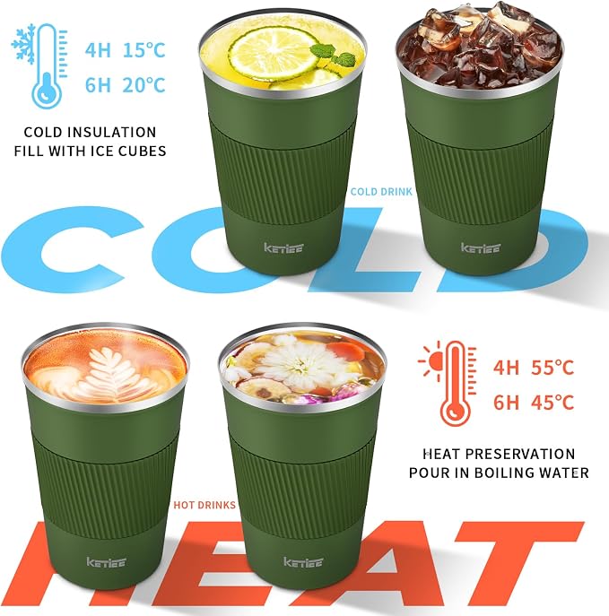 KETIEE Travel Coffee Mug 12oz: Vacuum Insulated Coffee Cup with Leakproof Lid, Coffee Tumbler, Reusable Coffee Cups, Double Wall Stainless Steel Coffee Mug to Go for Hot/Iced Water Tea (Green)
