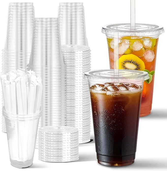 Charmount 100 Sets- 20 oz Clear Plastic Cups with Lids and Straws | Disposable To Go Cups for Cold Drinks, Coffee Bar Accessories, Iced Coffee, Smoothies