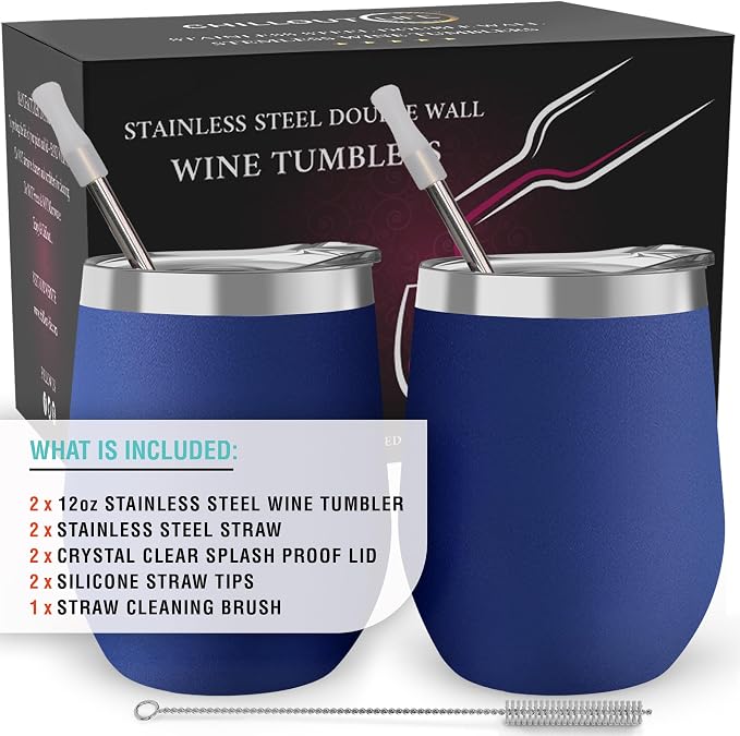 12 oz Stainless Steel Wine Tumblers 2 Pack - Double Wall Vacuum Insulated Wine Glasses Cups with Lids and Straws Set Keeping Cold & Hot for Coffee, Beer, Ice Cream - Powder Coated Navy Blue