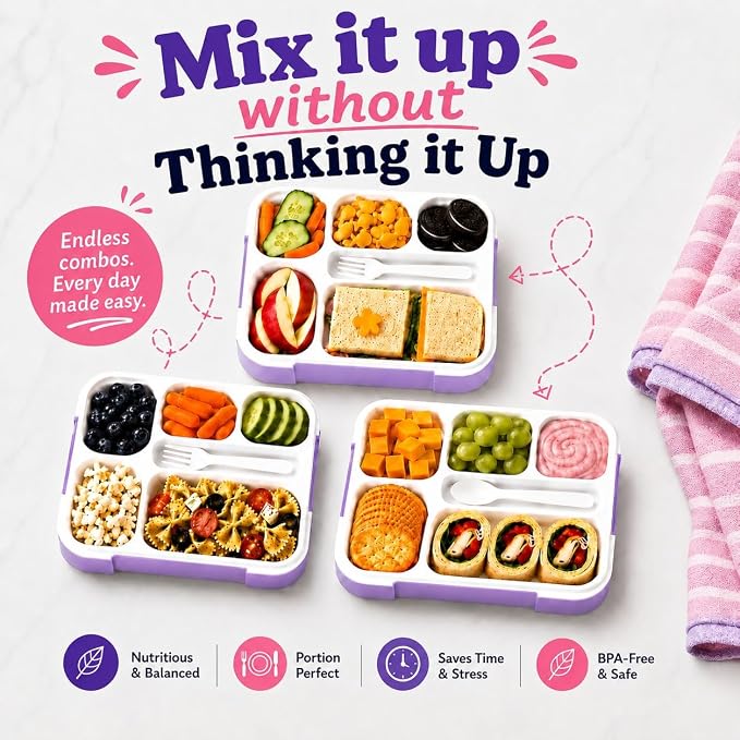 kinsho Glitter Lunch Box Bento-Boxes for Girls, Meal and Snack Containers for Toddler Daycare, School, Travel, 6 Divided Sections, Cute Bentobox, Leak-Resistant, Utensils, Purple Lilac Sparkle