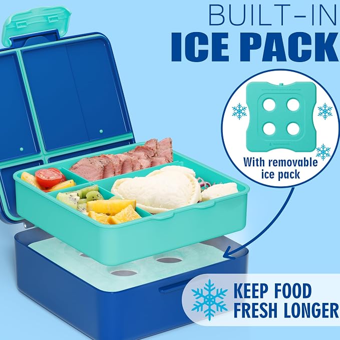 Fimibuke Chill Bento Box for Kids, Toddler Lunch Box with Built-In Ice Pack | Keep Cold Leak Proof BPA Free 4 Compartment Lunch Container with Utensil for Girl Boy School Adult, Microwave Dishwasher Safe