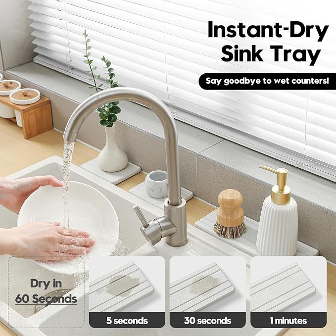 3 Pack Diatomite Stone Sink Tray, Water Absorbing Mat for Kitchen & Bathroom Counter, Quick Dry Soap Dish Makeup Vanity Caddy,Sponge Holder Organizer, Beige - 2pcs of 4.5"x 3.5" and 1pc of 9"x 3.5"