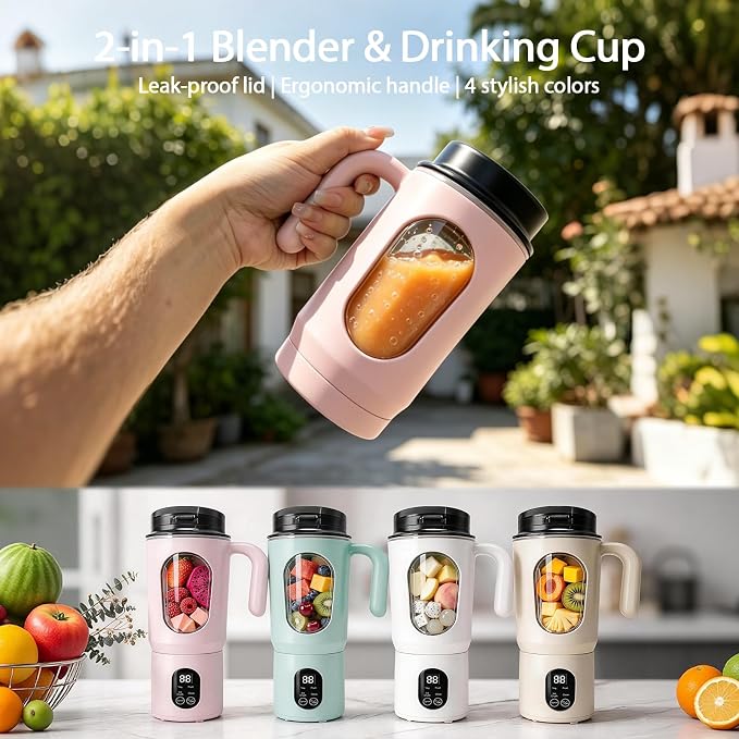 Personal Blender for Smoothies, 580ML USB-C Rechargeable | Portable Blender Cup, 12-Blade Smoothie Maker with Travel Lid, Handle & LED Display for Gym, Office, Travel and Outdoor