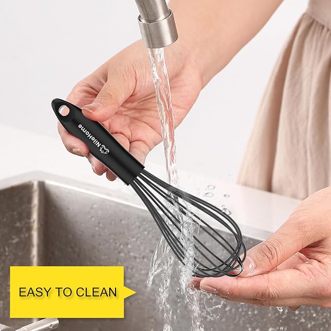 NileHome Silicone Whisk Set 8" 10" Kitchen Whisk Kitchen Wisk Wire Whisks for Cooking, Whisking, Blending, Beating, Stirring-Black