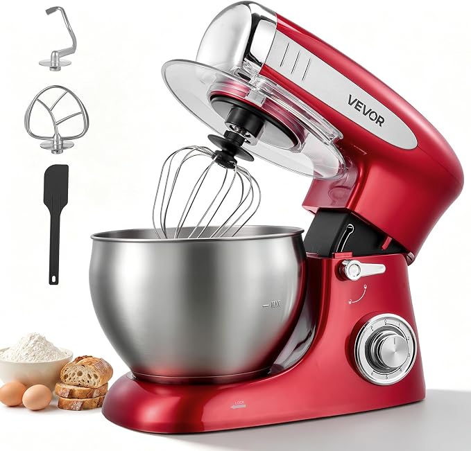 VEVOR 7.4 Qt Tilt Head Stand Mixer 500W Electric Dough Mixer, 6 Speeds with Pulse Food Kitchen Mixer with Stainless Steel Bowl, Splash Guard, Dough Hook, Whisk, Beater, for Baking Mixing