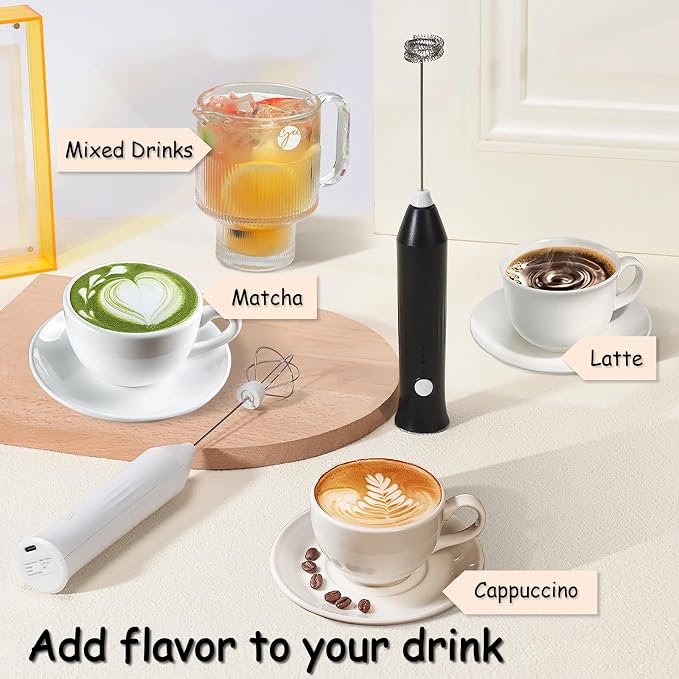 Milk Frother Handheld Rechargeable, 3-in-1 Coffee Drink Mixer Wand (Black) | 3 Speeds, 3 Detachable Whisk Heads, USB C Battery Powered Foam Maker, Mini Electric Stirrer Blender for Protein Powder,Matcha