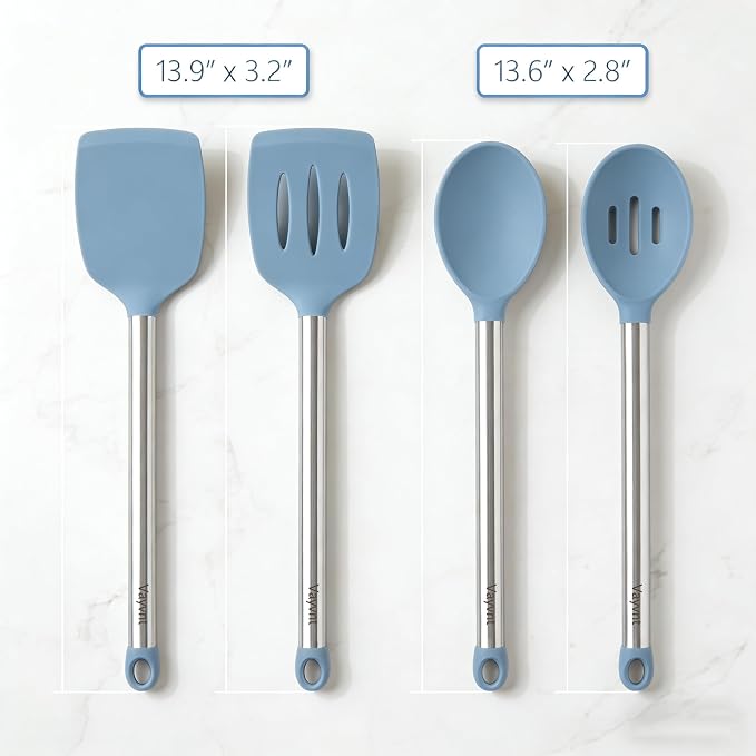 Vayvnt Silicone Cooking Utensils Set, Heat Resistant Spatula Spoon, Blue | 4PCS, Kitchen Utensils for Non Stick Cookware, Hanging Hole, Easy Cleaning Cooking Tools, Metal Long Handle, Dishwasher Safe