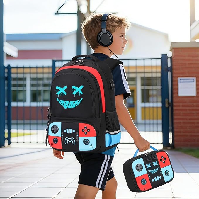 Backpack for School Boys, Cool Luminous Gamer Boys Schoolbag | with Lunch Box & Pencil Case Set for Kids Teens Elementary Middle School, Bookbag Glow In The Dark