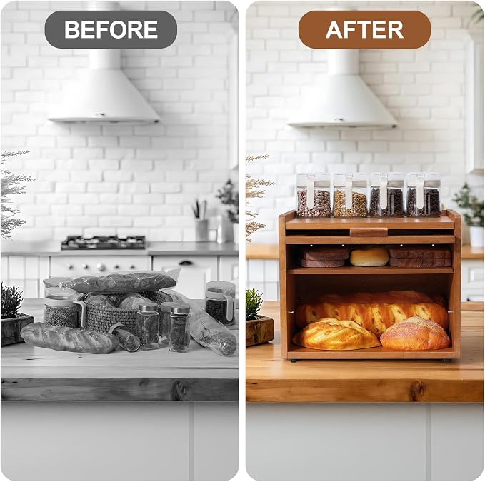 Wooden Bread Box for Kitchen Countertop, 2 Tier Bread Storage Container with Acrylic Door, Adjustable Shelf, Ventilation Holes, Brown