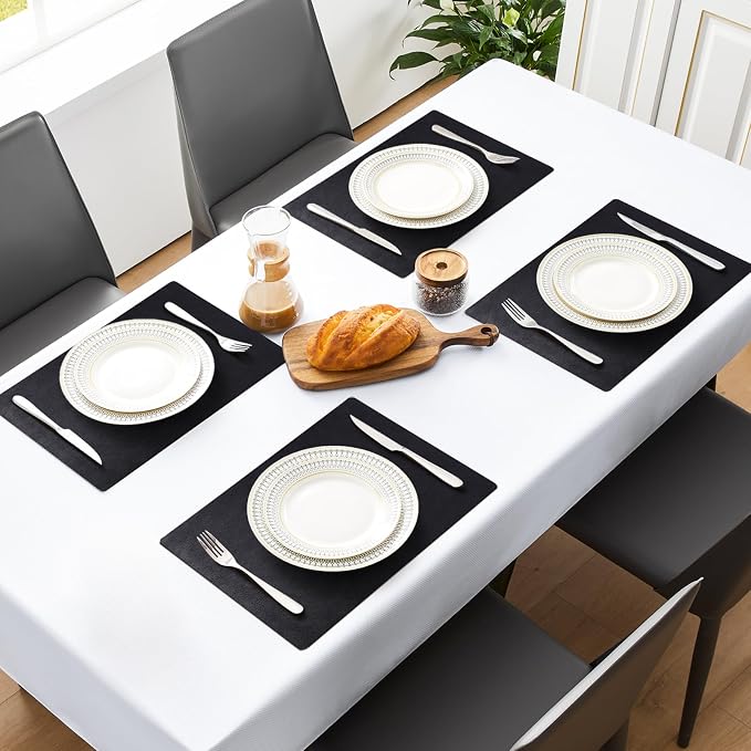 MOSAYT Vinyl Placemats Set of 8-12 X 17 Inch - Faux Leather 100% Waterproof Oil-Proof Wipeable PU Place Mats, Heat Resistant Reversible Table Mats for Kitchen, Dining, Outdoor, Black