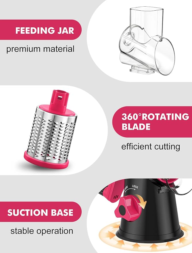 GDL Cheese Grater Hand Crank, Rotary Cheese shredder, Vegetable Slicer | 3 Stainless Steel Blades, 12x Fast Cutting, Non-slip Suction Base, No BPA, Dishwasher Safe, Easy Use for Cheese, Veggies, Nut