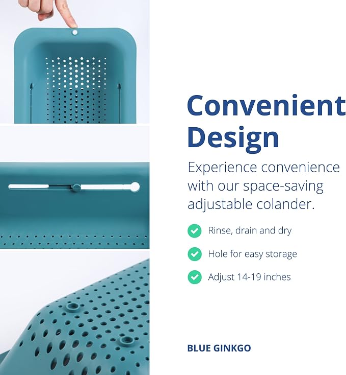 Blue Ginkgo Over Sink Colander, Extendable Kitchen Strainer, 2-Pack, Teal | Fits Most Sinks. Rinse, Drain and Dry with Ease.