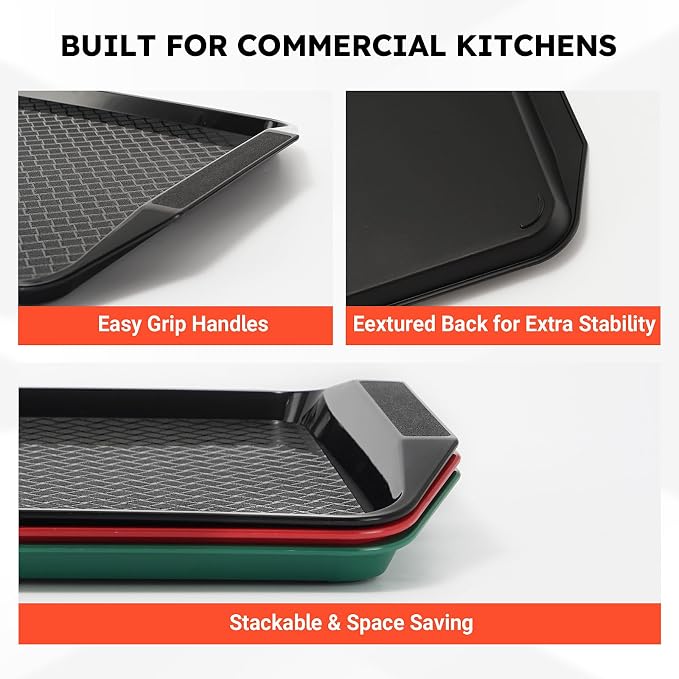 6 Pack Fast Food Serving Trays with Side Handles, 17" x 12" Commercial Cafeteria Plastic Trays, Stackable for Restaurants, Cafés & High-Traffic Dining Environments, Green