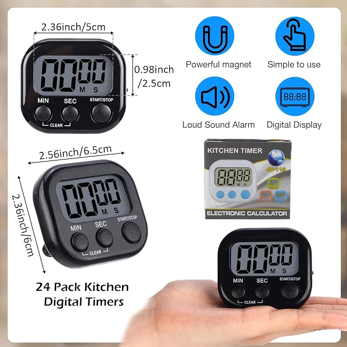 Leumoi 24 Pack Multi-Function Digital Timers with Magnetic Back, Large LCD Display, Loud Alarm, Count up & Countdown, Memory Function for Cooking, Classroom, Study, Exercise & Work(Black)