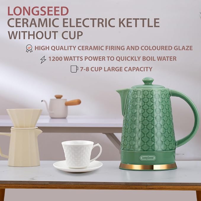 1.5L Ceramic Electric Kettle, 1200W Fast Boil Retro Tea Pot with LED Light, BPA-Free Porcelain Cordless Water Boiler, Auto Shut-Off & Boil-Dry Protection, Green Relief Carving