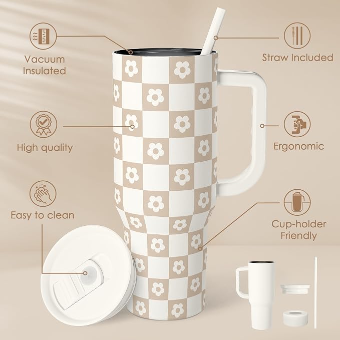 SANDJEST Checker Tumbler with Handle and Straw 40oz – Stainless Sleel Slider Tumbler Travel Coffee Mug for Women - Gift Idea for Birthday Christmas