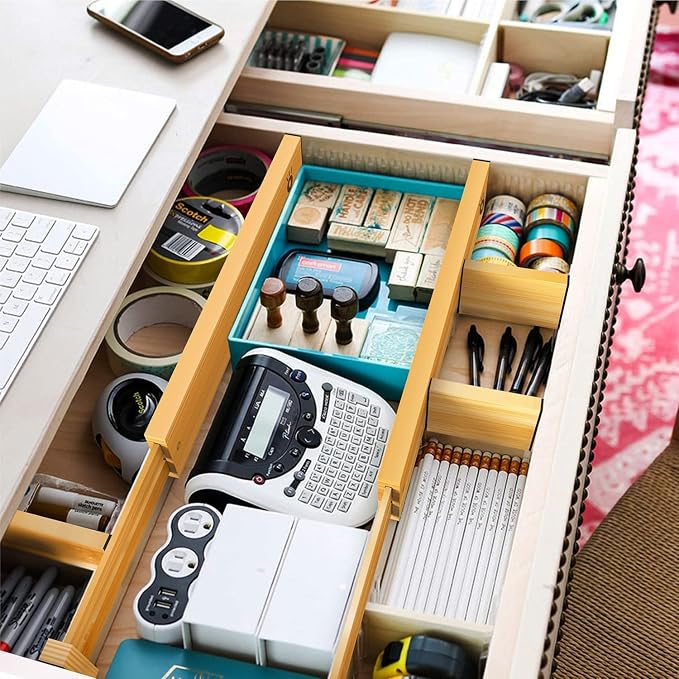 Bamboo Drawer Dividers Organizers, Drawer Separators Splitter,17-22 inches Long Adjustable Spring-loaded Organizer for Large Utensil, Clothes, Tools Drawers(yellow)