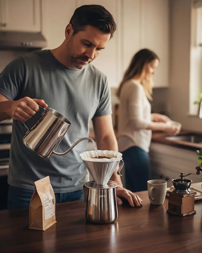 AGOGO Stainless Pour Over Coffee Maker Set, 50 Paper Filters, 20oz, Sliver | Unbreakable carafe for kitchen RV camp and office, includes barista towel, lead-free food grade 304 stainless steel