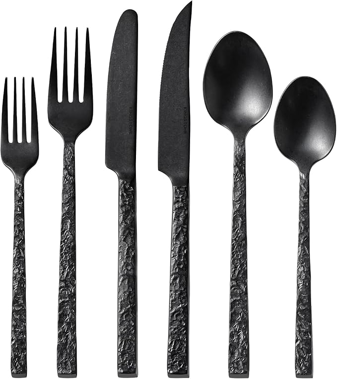 48 Pcs Black Hammered Silverware Set with Steak Knives for 8, 18/10 Stainless Steel Heavy Duty Flatware Set, Tableware Cutlery Utensil Sets for Home Restaurant Dishwasher Safe
