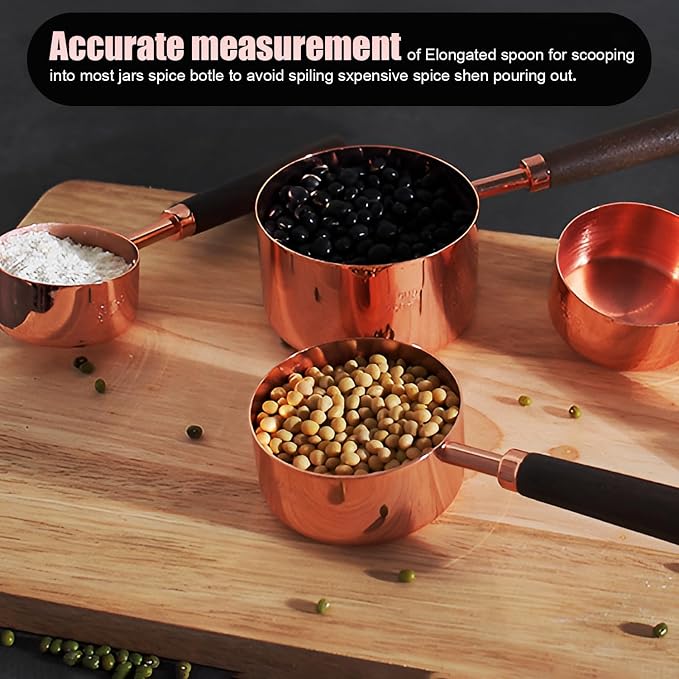SHIKORI Rose Gold Measuring Cups and Spoons Set with Wood Handles-4PCS | Premium Stainless Steel Measuring Spoons and Measuring Cups Set, For Cooking and Baking in the Kitchen-Rose Gold-4Cups