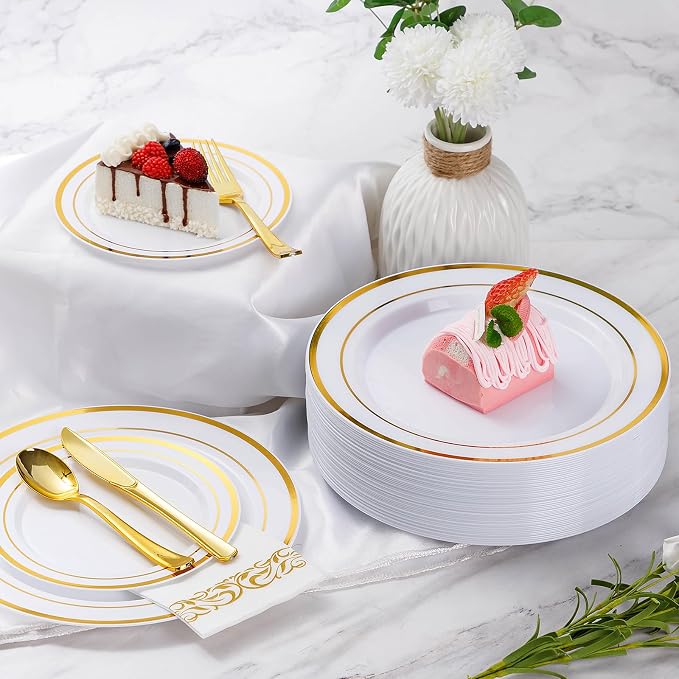 175 Pcs Gold Dinnerware Sets for 25 Guests, Disposable Plate Sets | Plastic Plates for Party, Include: 25 Dinner Plates, 25 Dessert Plates, 25 Paper Napkins, 25 Cups, 25 Gold Silverware Set