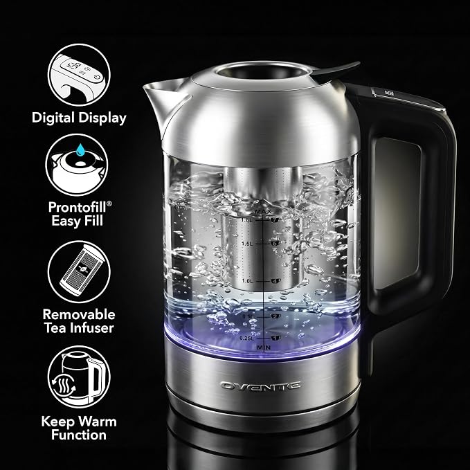 OVENTE 1.8L Glass Electric Kettle with Tea Infuser, Silver KGD752S | 1500W Fast Boiling, Easy Fill Lid, 7 Temperature Control, Keep Warm, Digital Display, Auto Shut-Off, Boil-Dry Protection