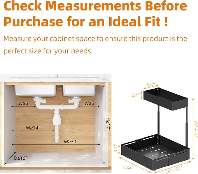 2 Tiers Metal Under Sink Organizer with Adjustable Height and Width, 2 Pack | Thickened Metal Pull Out Under Cabinet Organizer to Tidy, Sturdy Sliding Storage Shelf for Kitchen, Bathroom and Laundry