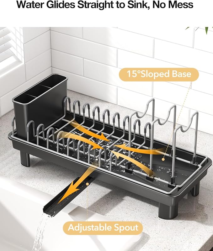 Small Dish Drying Rack Carbon Steel Dish Rack Rustproof for Kitchen Counter Compact Dish Drainer with Adjustable Slots for Small Kitchens & Apartments 16.5×6.5×7inch Black