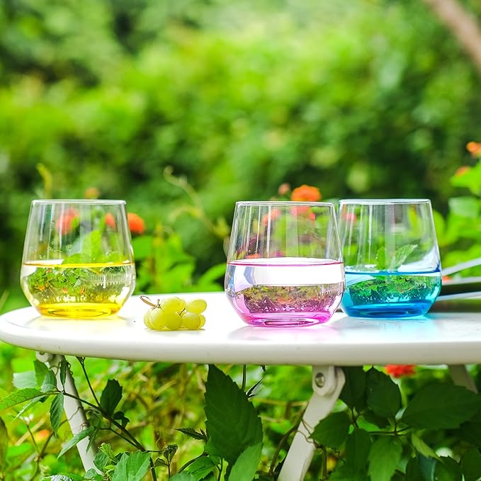 Stemless Wine Glasses Set of 6 - Hand Blown Colored Short Wine Tumblers - 15 oz Elegant Sparkling Wine Glass - Unique Gift for Birthday,Wedding, Father’s Day