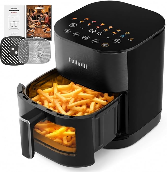Fullwill 6Qt Air Fryer with Window, Dual Heating, 14-in-1/12 Presets (Wings, Steak, Fries, Pizza), 392°F, 1700W, Nonstick & Dishwasher-Safe Basket, PFOA-Free, Oil-Free Fast Cooking