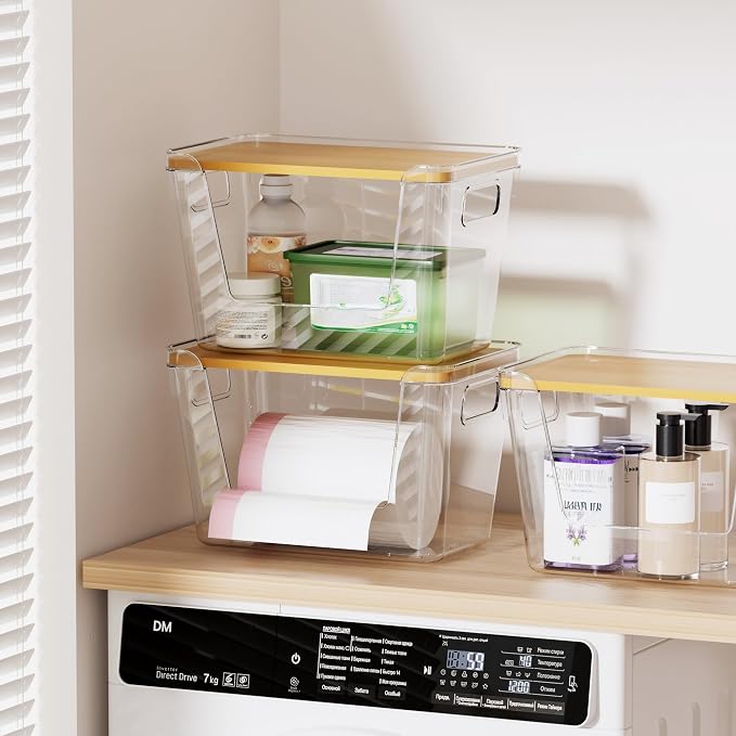 Delamu 3 Pack Trash Bag Dispenser, Stackable Garbage Bag Holder | Clear Acrylic Organizer Bins for Under Sink Organization, Pantry Storage, Cabinet, Kitchen, Laundry, Bathroom