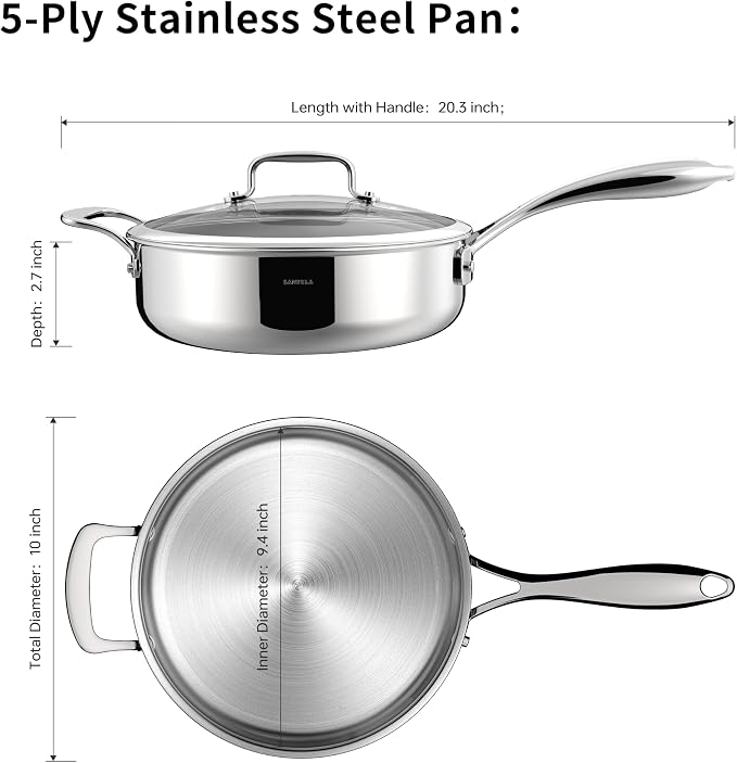 10 Inch/ 2.8 Quart 5-Ply Stainless Steel Saute Pan with Glass Lid | Compatible with All Cooktops, Oven Safe 800F, Dishwasher Safe, PTFE, PFAS and PFOA Free