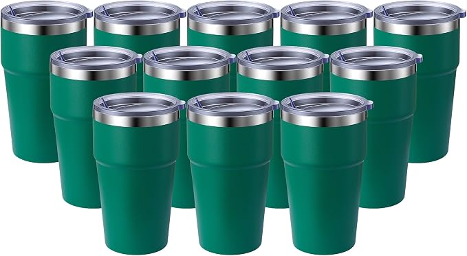 MEWAY 16oz Tumbler Double Wall Vacuum Insulated Travel Mug Bulk, Stainless Steel Tumblers with Lid, Powder Coated Coffee Cups for Cold & Hot Drinks (Green,12 Pack)
