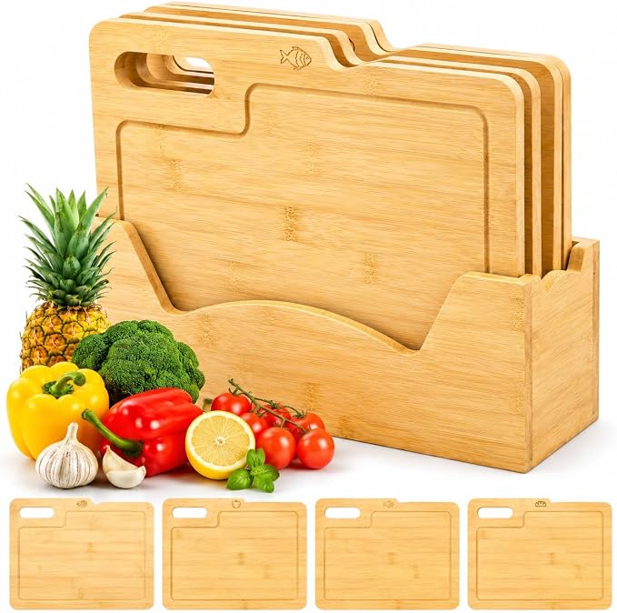 4 Pack 12.5"L x 9.8"W Bamboo Cutting Boards with Holder, Wood Cutting Board Set, Chopping Boards Set with Food Icons, Kitchen Cutting Board Ideal for Meat, Fish, Bread, Vegetable, Fruit