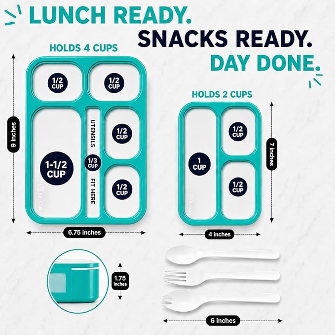 Bento Lunch-Box Set for Kids includes Snack Container | 6 and 3 Compartment Boxes Leakproof School Bentos or Meal Portion Control Containers BPA Free, Boys Girls Adults, Teal Large + MINI 2 pack