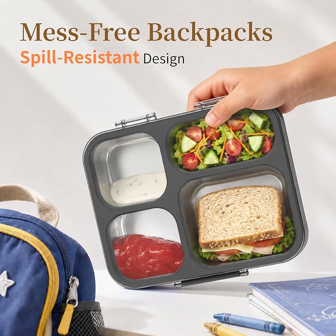 Stainless Steel Lunch Box for Kids, Leakproof 4 Compartment Kids Bento Lunch Box with Clear Lid, BPA-Free Steel Lunch Box Containers for School Travel (Black)