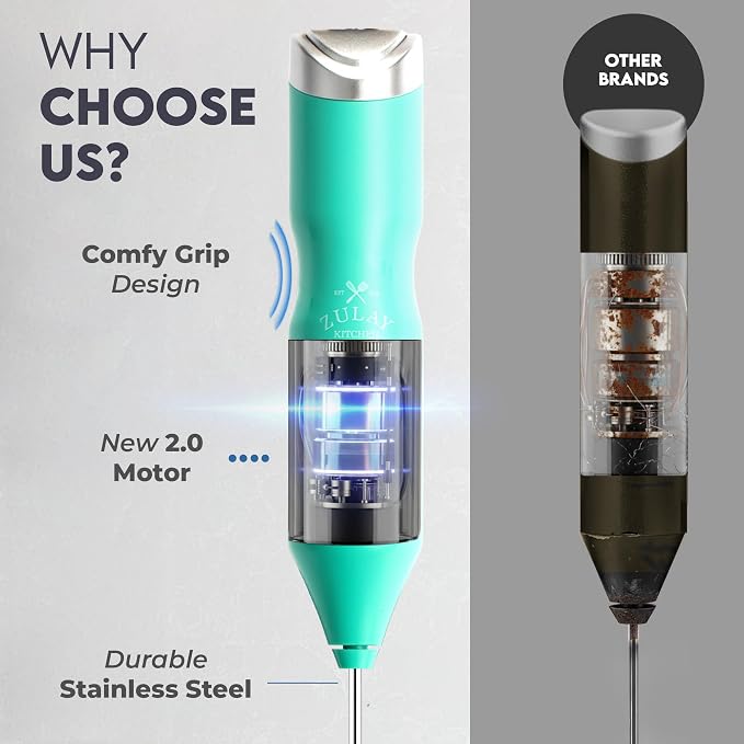 Zulay Kitchen Powerful Frother Wand AA Batteries Included, Ultra Fast Handheld Drink Mixer, Comfort Milk Frother, Stainless Steel Whisker, Frother Handheld for Coffee, Protein & Matcha - Frothmate 2.0