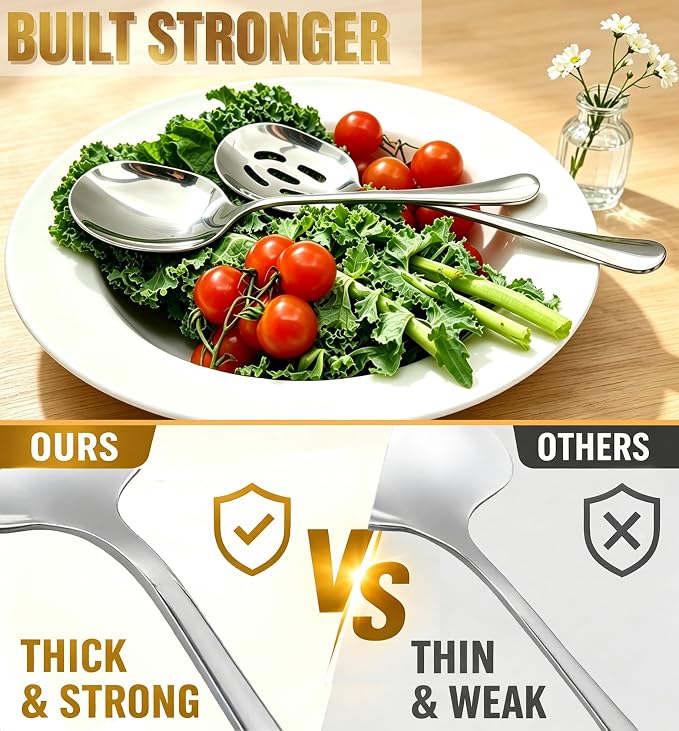 4-Piece Serving Spoons Set with 2 Spoon Rests, 18/8 Stainless Steel, 2 Slotted & 2 Solid Serving Spoons, Heavy Duty 304 Tableware for Buffet, Banquet & Kitchen Use