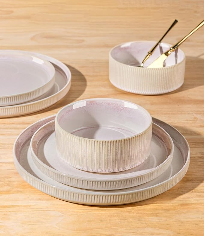 Ceramic Dinnerware Set for 6, 18-Piece Plates and Bowls Set | Lightweight Porcelain Dish Set, Scratch Resistant, Oven & Microwave & Dishwasher Safe, Primrose Pink