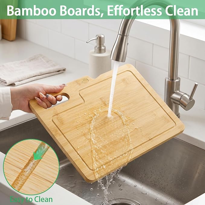 4 Pack 12.5"L x 9.8"W Bamboo Cutting Boards with Holder, Wood Cutting Board Set, Chopping Boards Set with Food Icons, Kitchen Cutting Board Ideal for Meat, Fish, Bread, Vegetable, Fruit